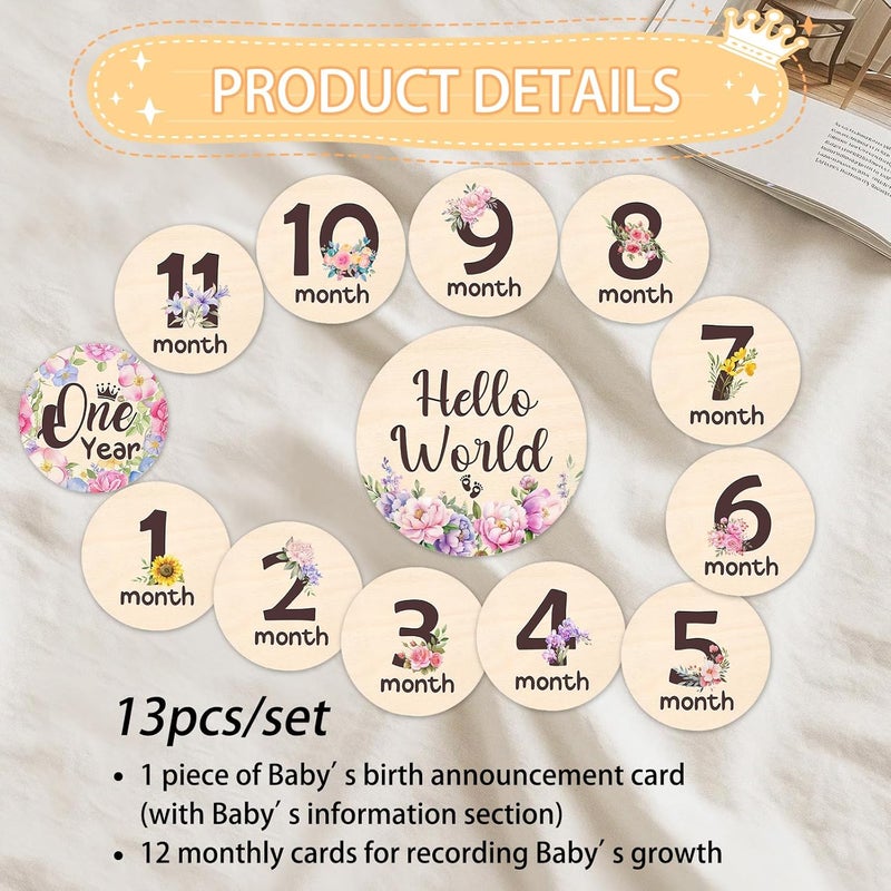 MCIAONE Baby Monthly Milestone Cards - 13pcs Wooden Double Sided Flower Monthly Milestone Signs, Birth Announcement Sign for Photo Props, 1-12 Months Newborn Milestones Cards, Baby Shower Party Gifts Marker - Image 4